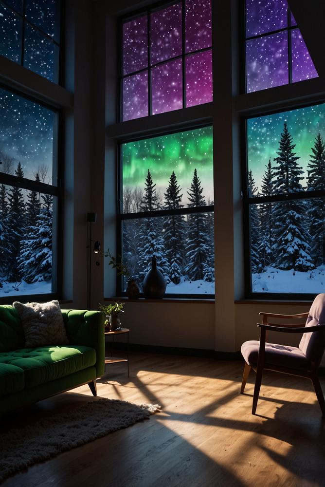 Winterliche Fenster mit Schneefall- und Polarlicht-Projektionen