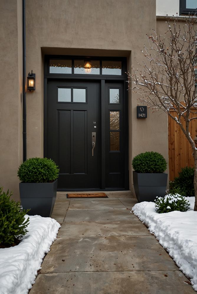 Winterliche Haustür mit frostfesten Pflanzkübeln und Koniferen