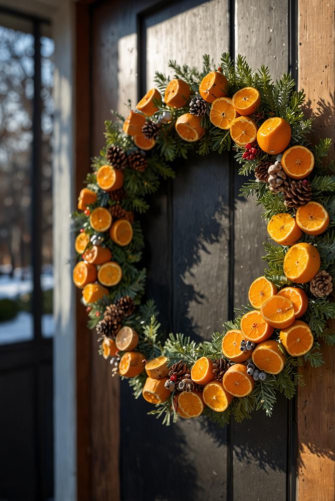Getrockneter Orangenkranz an winterlicher Haustür