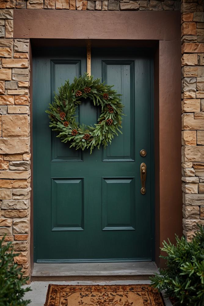 Winterliche Haustür mit schlichtem Kranz aus grünen Zweigen