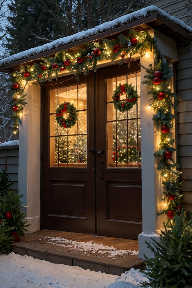 Winterliche Haustür mit wetterfesten Bändern dekoriert