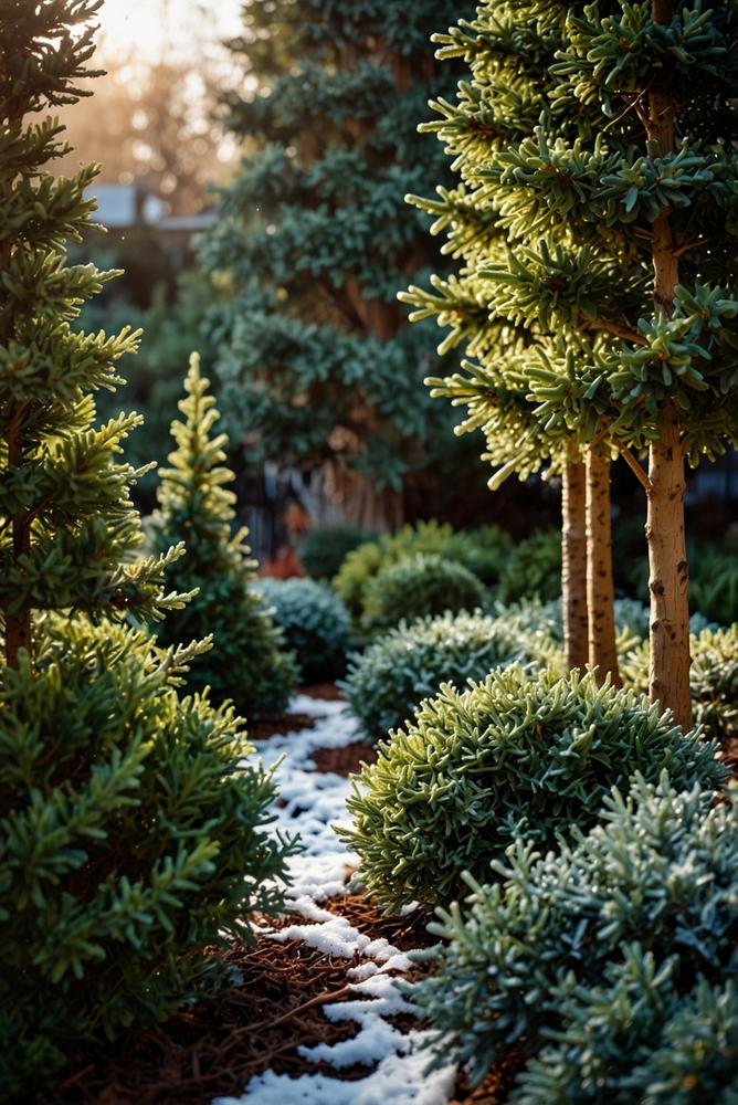 Winterliche Heckendekoration mit grünen Koniferen im Schnee