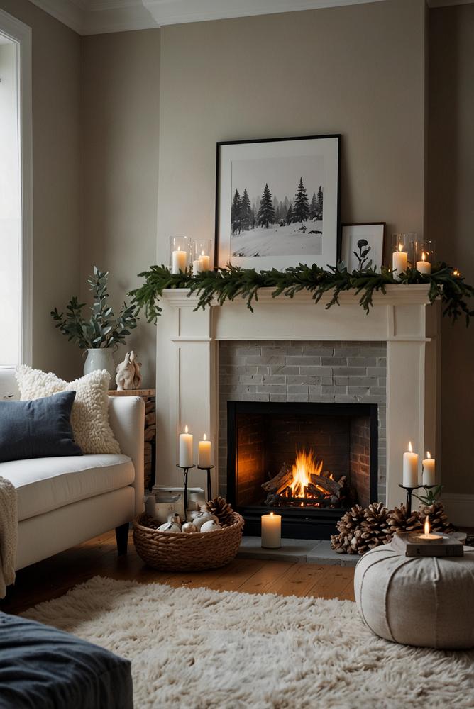 Helle, elegante Kaminwinterdeko mit Kerzen und Naturmaterialien