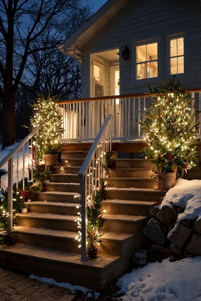 Winterliche Lichterketten an der Außentreppe hell und freundlich