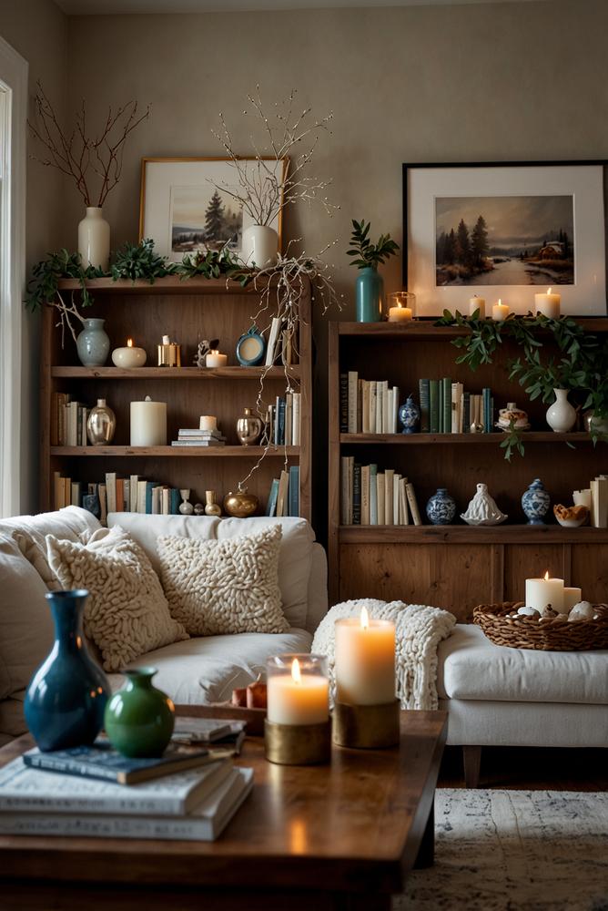 Winterliche Regaldeko mit Vasen, Kerzen und Büchern