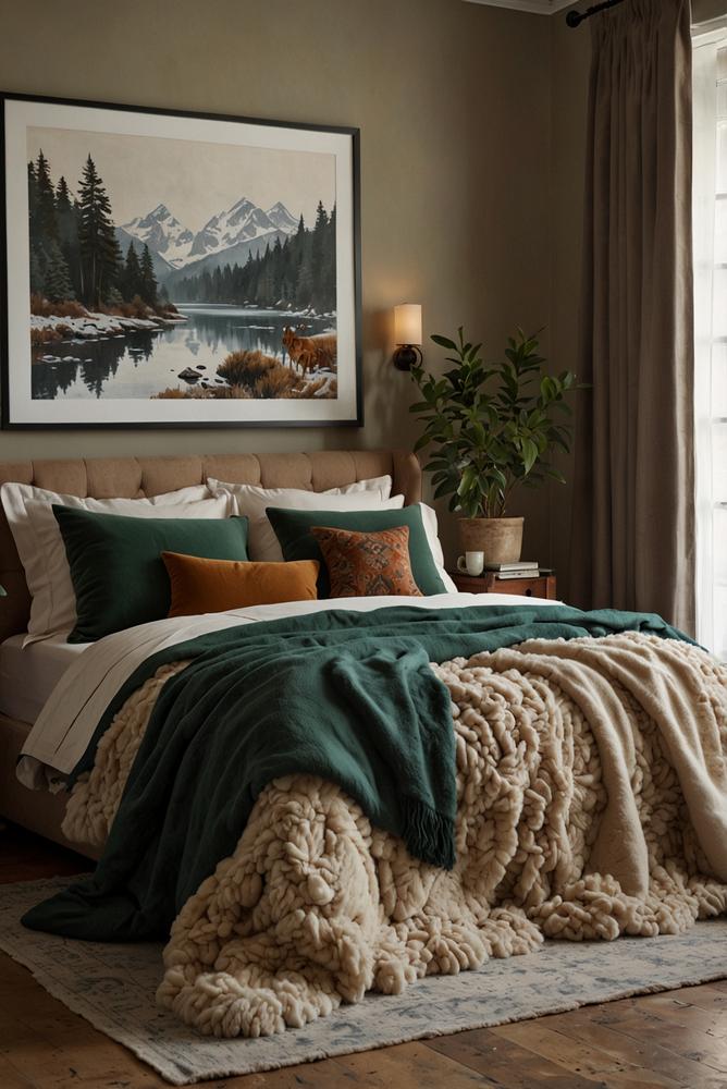 Gemütliches winterliches Schlafzimmer mit Textilschichten