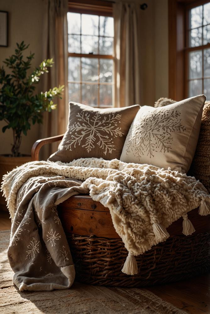 Helle winterliche Schuhbank mit Kissen und Decken im Flur