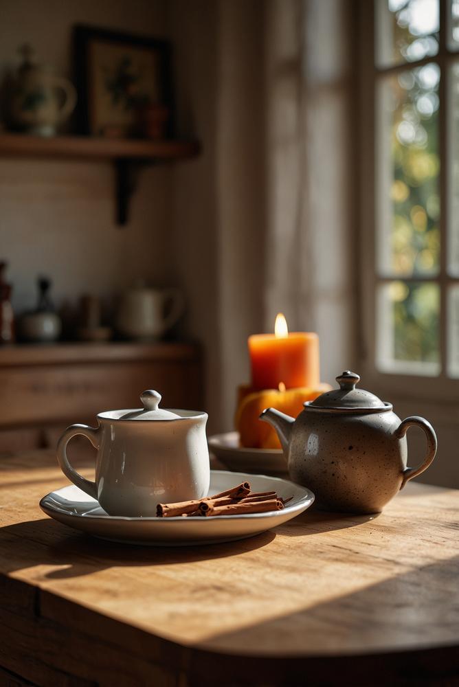 Gemütliche Tee-Ecke mit rustichem Tablett und Kerze