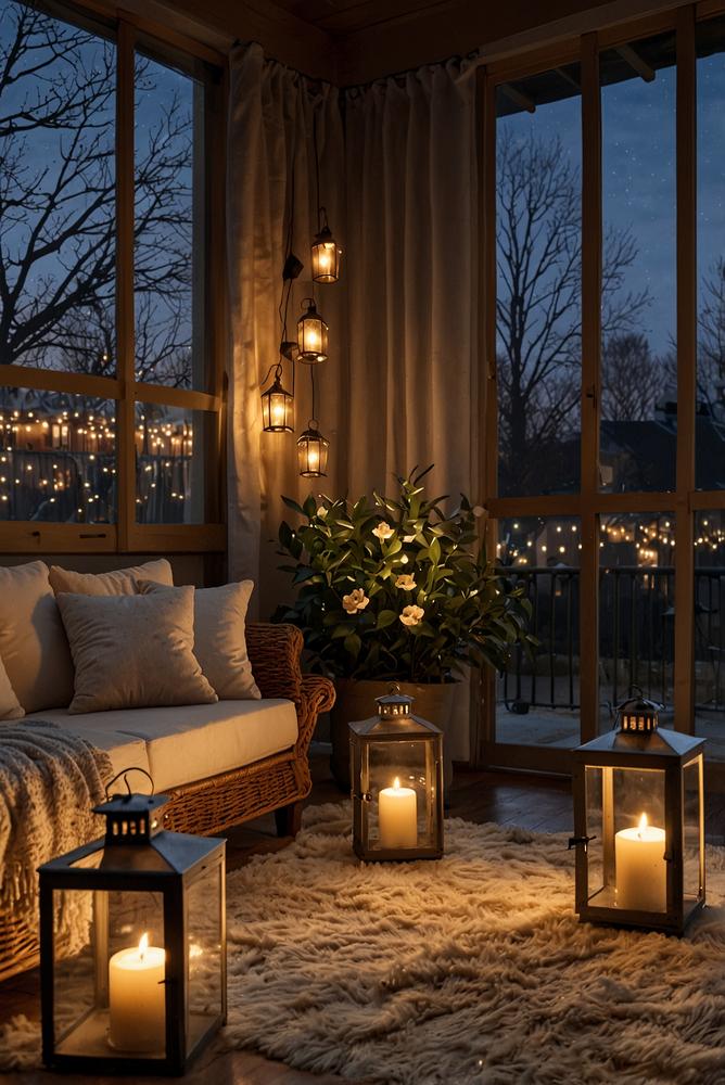 Winterliche Terrasse mit Lichterketten und Laternen, gemütlich und hell