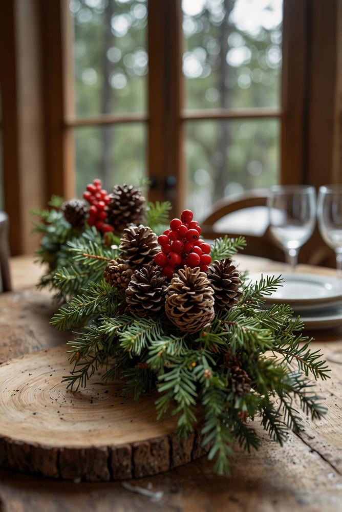 Winterliche Tischdekoration mit Tannenzapfen im Esszimmer