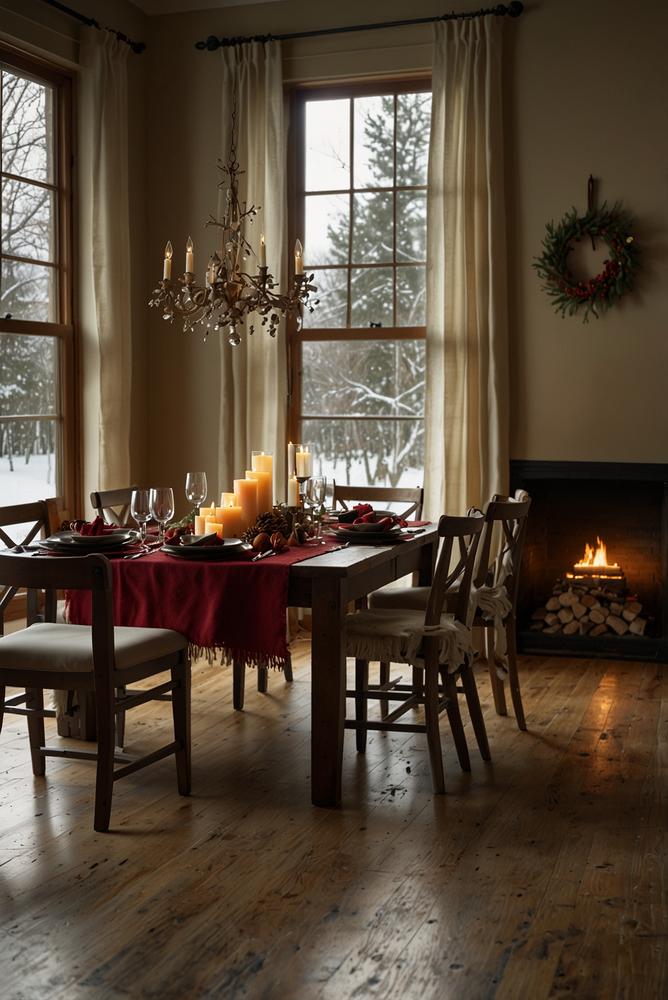 Esszimmer mit winterlichem Tischlaeufer und warmer Deko