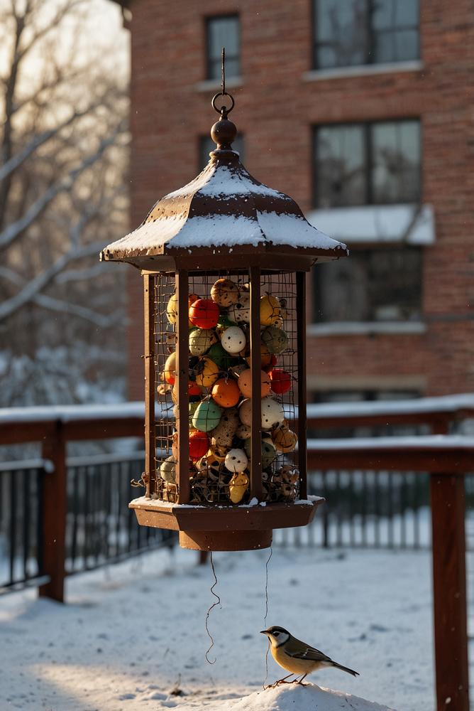 Winterlicher Balkon mit frostsicherer Vogelfutterstation und Vogelnahrung