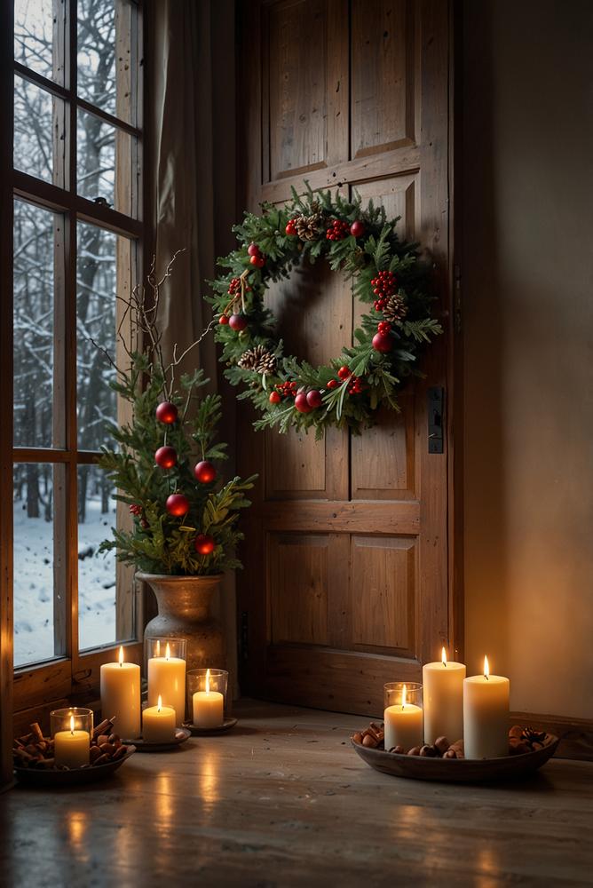 Winterlicher Flur mit Adventskranz und Duftkerzen