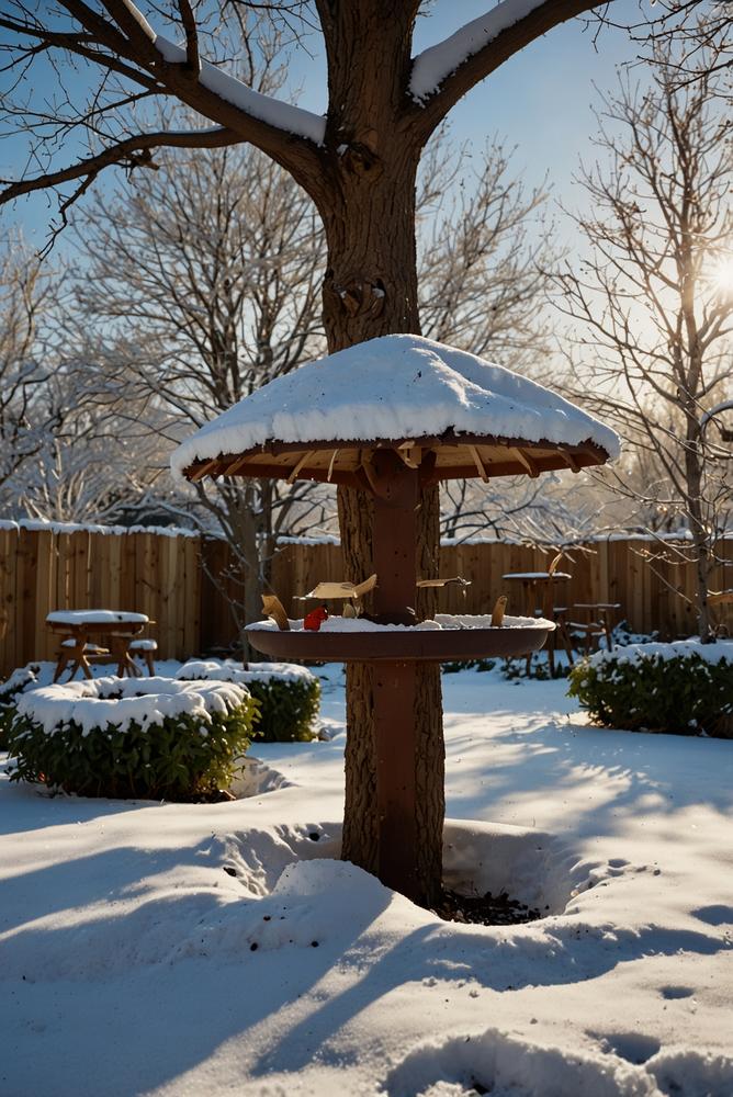 Winterlicher Garten mit Vogelfutterstation und Wintertraenke