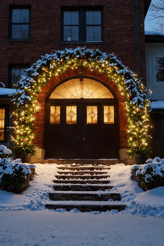 Beleuchteter winterlicher Bogen über der Haustür, einladend und hell