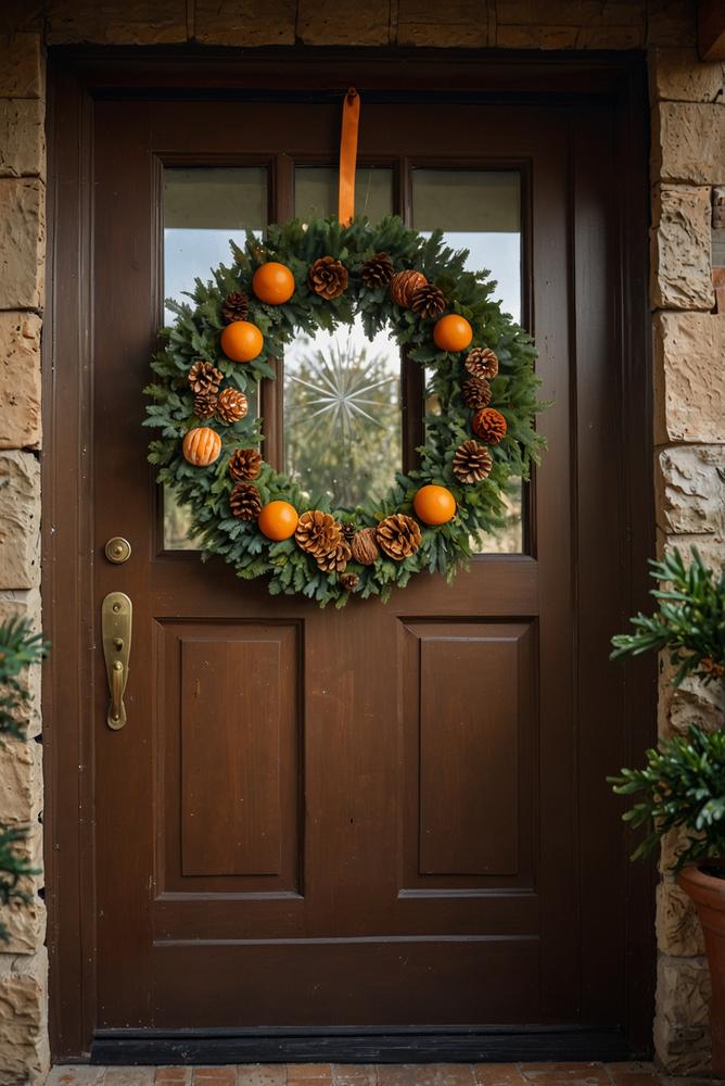 Winterlicher Türkranz aus grünen Tannenzweigen am Hauseingang