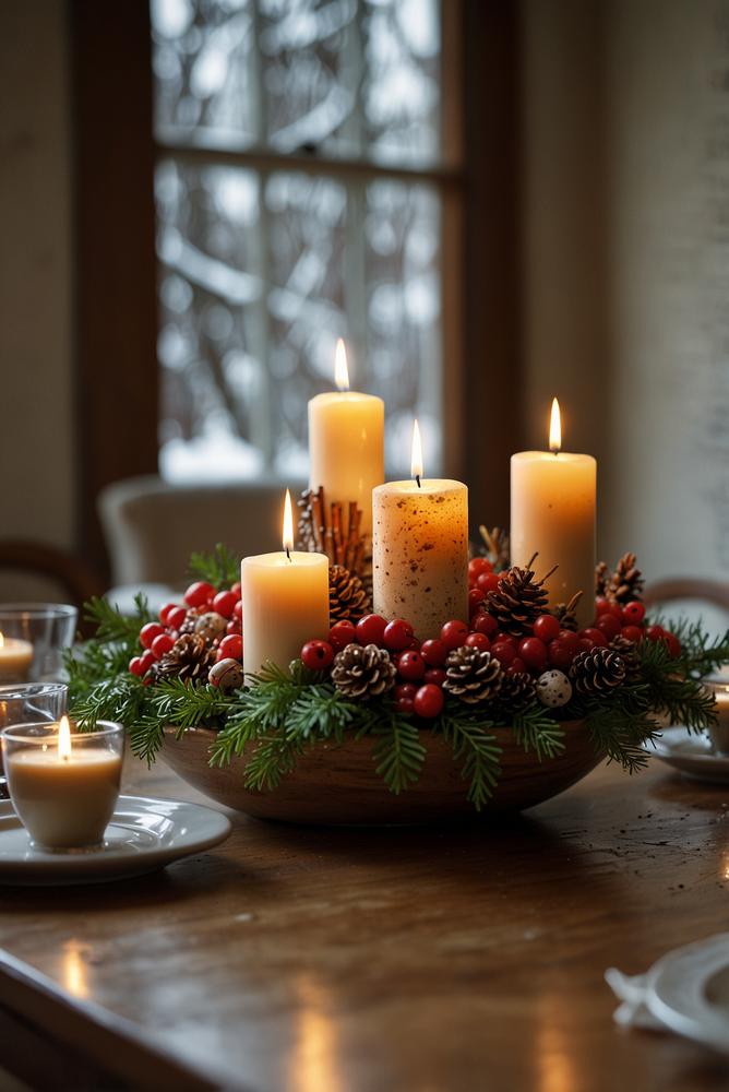 Winterliches Esstisch-Centerpiece mit Kerzen und Naturdeko