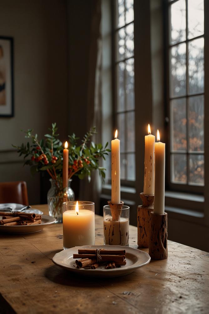 Winterliches Esszimmer mit Kerzen und Zimtduft