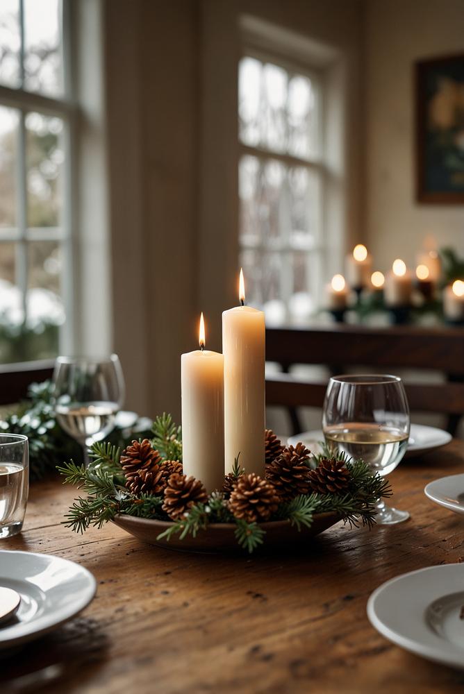 Kerzenzentrum mit Tannengruen im winterlichen Esszimmer