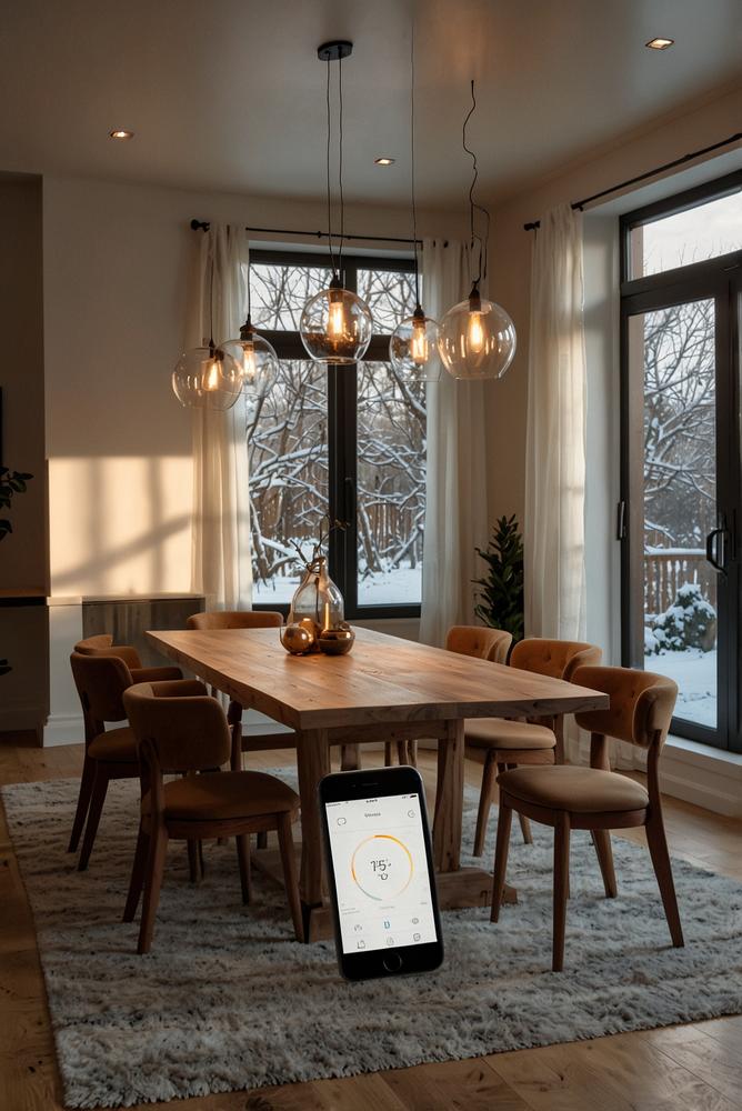 Winterliches Esszimmer mit smartem Thermostat und Dimmer
