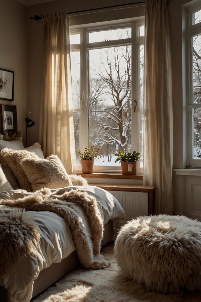 Winterliches Schlafzimmer mit Fensterbank-Sitzplatz und Fellen