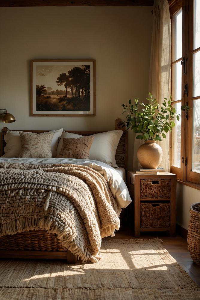 Winterliches Schlafzimmer mit Holz und Korbakzenten hell und einladend