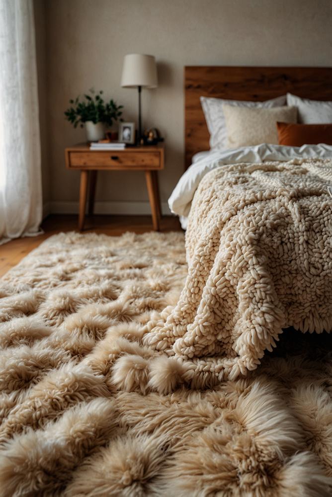 Winterliches Schlafzimmer mit Schaffell-Bettvorleger neben dem Bett