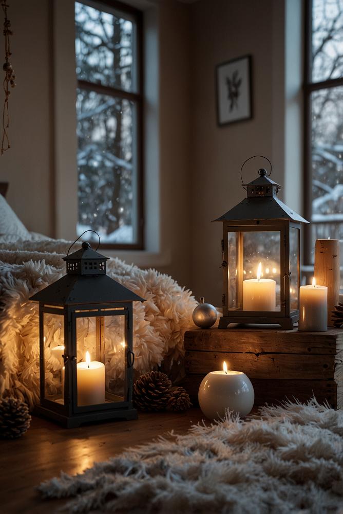 Winterliches Schlafzimmer mit Kerzen und Laternenlicht