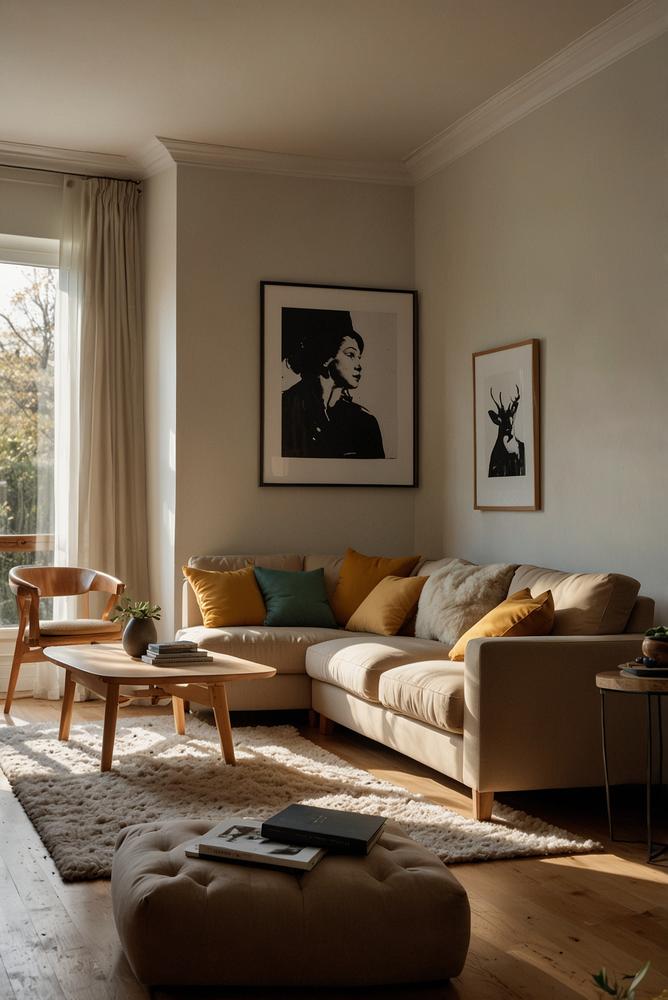 Helles Wohnzimmer mit persönlicher Wanddeko und Sonnenlicht