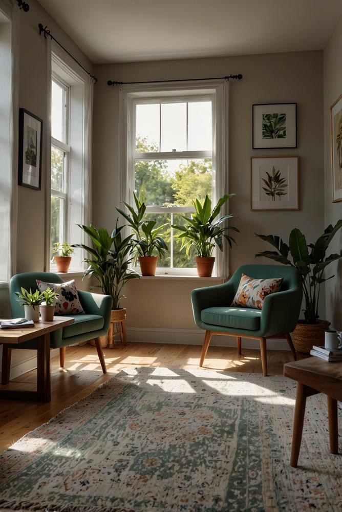 Gemütlicher Wohnraum mit Pflanzen und Wanddeko im Winter