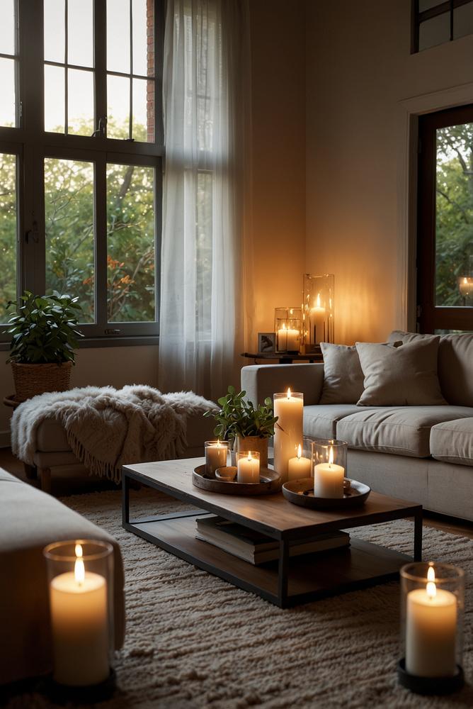 Kerzen und Dimmer im Wohnzimmer für warmes Licht