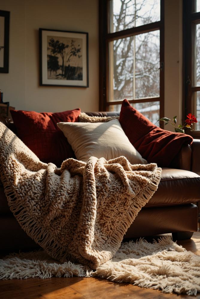 Wohnzimmer Kuschelecke mit Wolldecken und warmen Farben im Winter