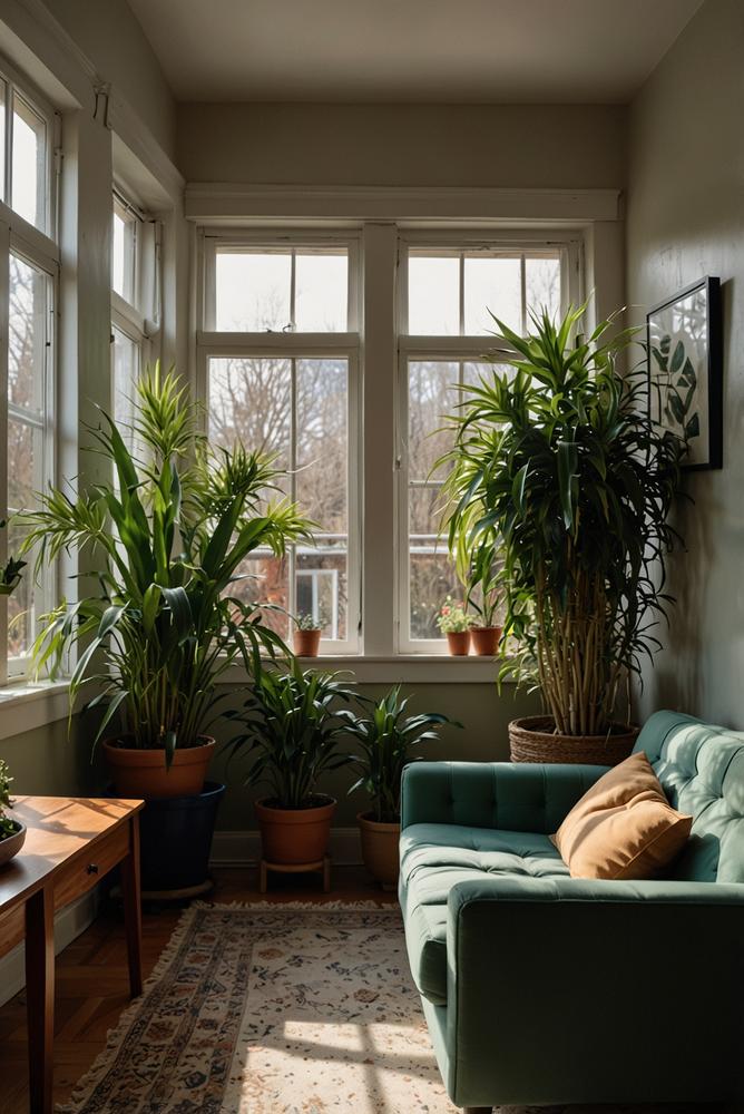 Helle wohnung mit gruene zimmerpflanzen im winter