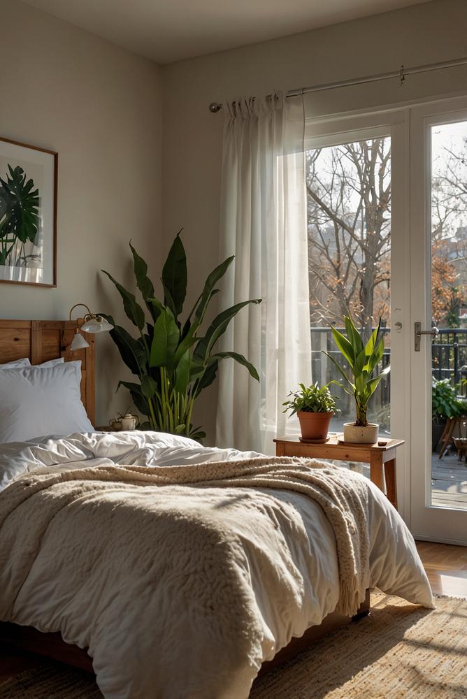 Helles Schlafzimmer mit Zimmerpflanzen im Winter