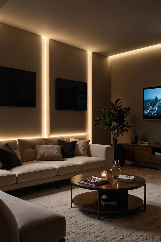 Gemütliches Zonenlicht rund um den Fernseher im Wohnzimmer