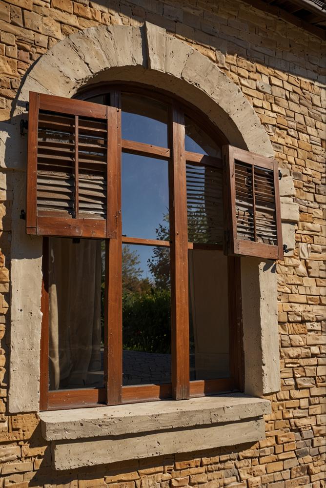 Hell beleuchtete Außen-Holzfensterläden im Frühling