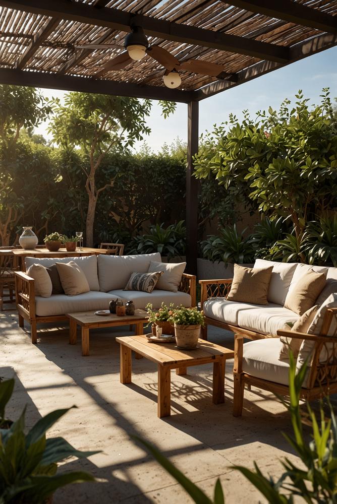 Helle outdoor-lounge mit wetterfesten moebeln im fruehling