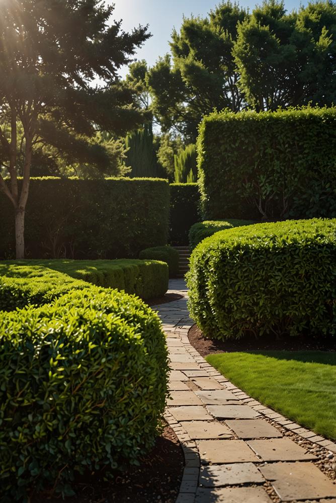 Garten mit Sichtschutz, Zaun und Hecken im Frühling