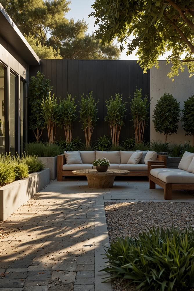 Helle moderne Außenanlagen mit Garten und Zufahrt beim Hausbau