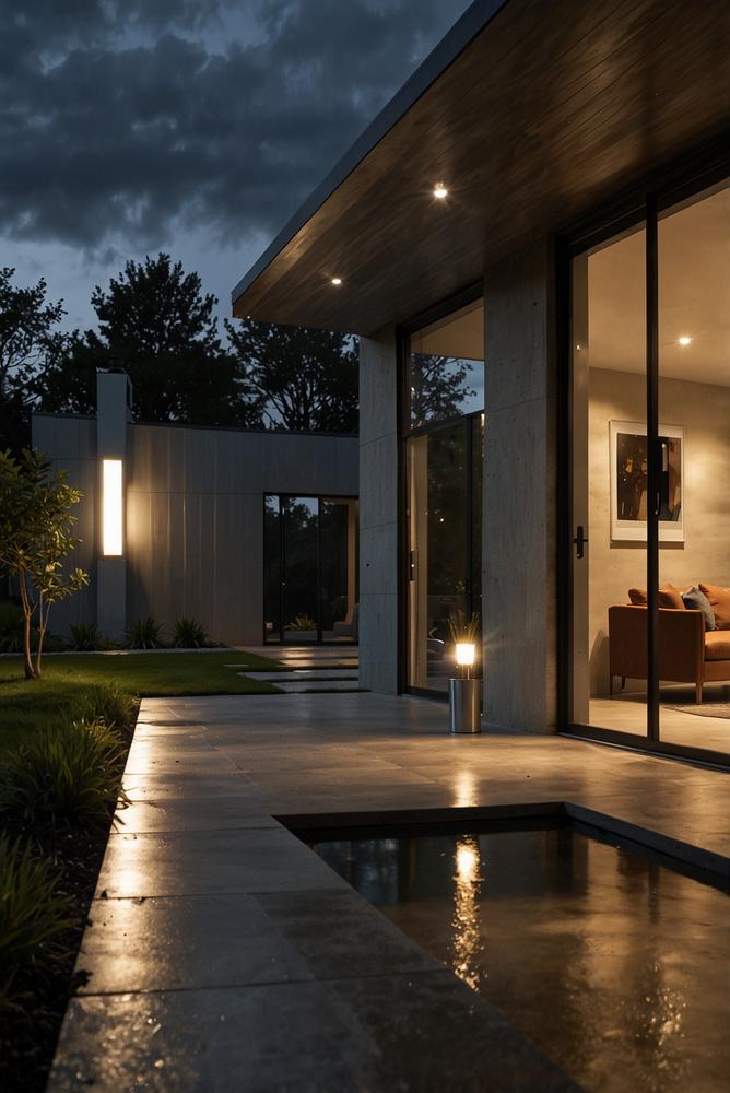 Moderne wetterfeste Außenleuchten am Haus bei Tageslicht