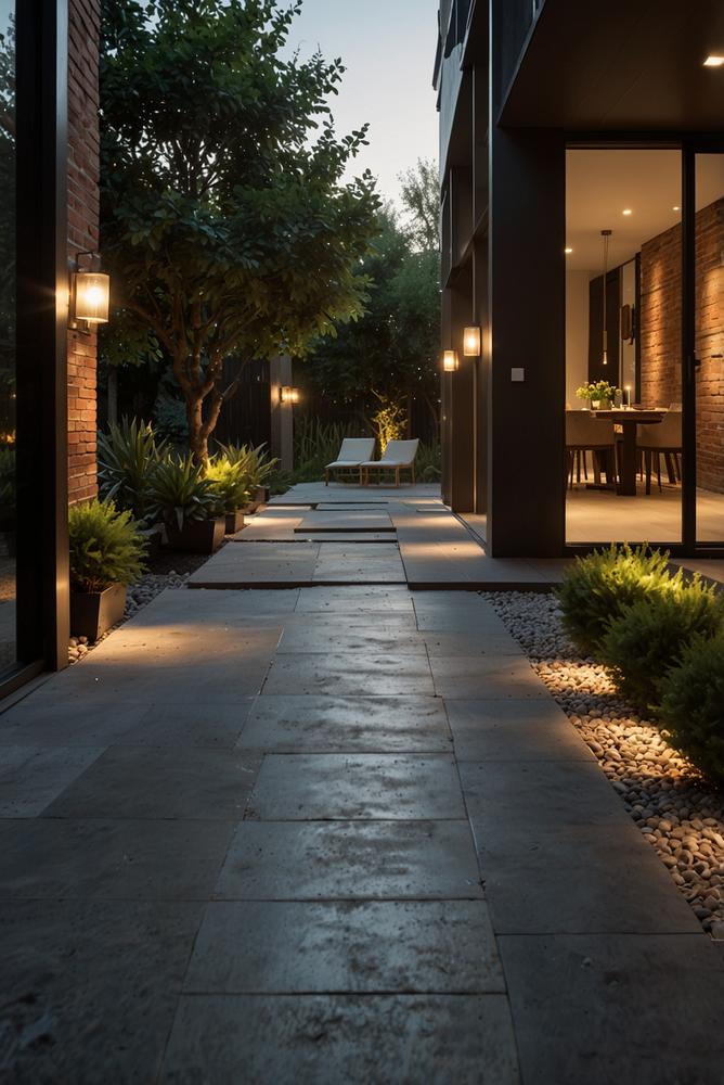 Helle moderne Außenbeleuchtung im Garten bei Tageslicht