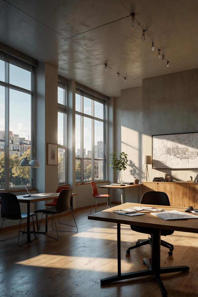 Heller Raum mit Bauplänen und moderner Prüftechnik zum Baugrund