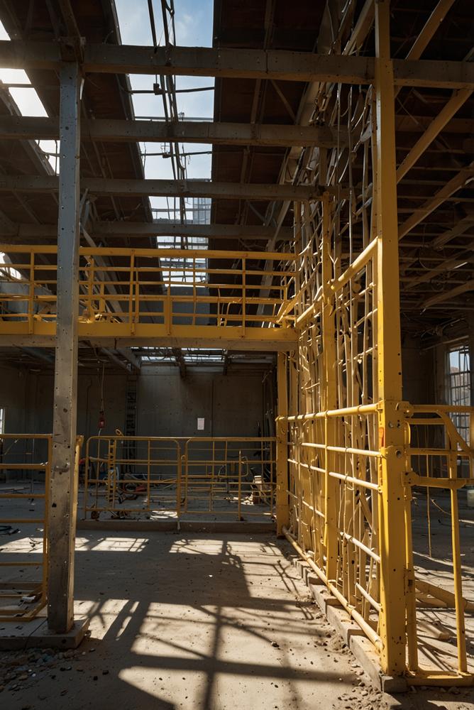 Moderne helle Baustelle mit Absturzsicherungen an Gerueste und Gruben