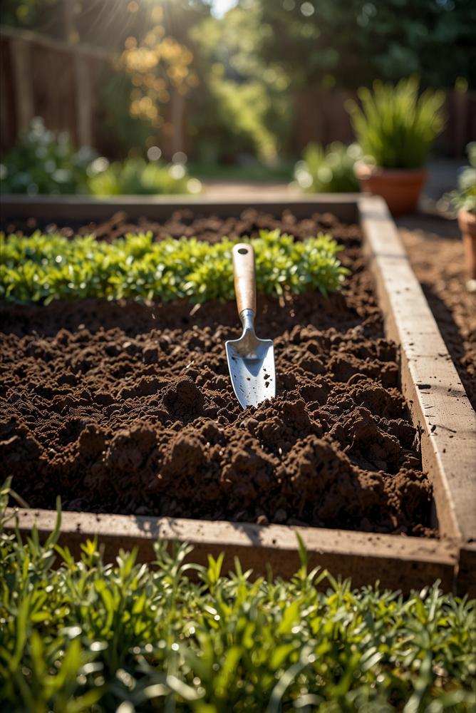 Beet mit aufgelockerter Erde und Kompost im Frühling