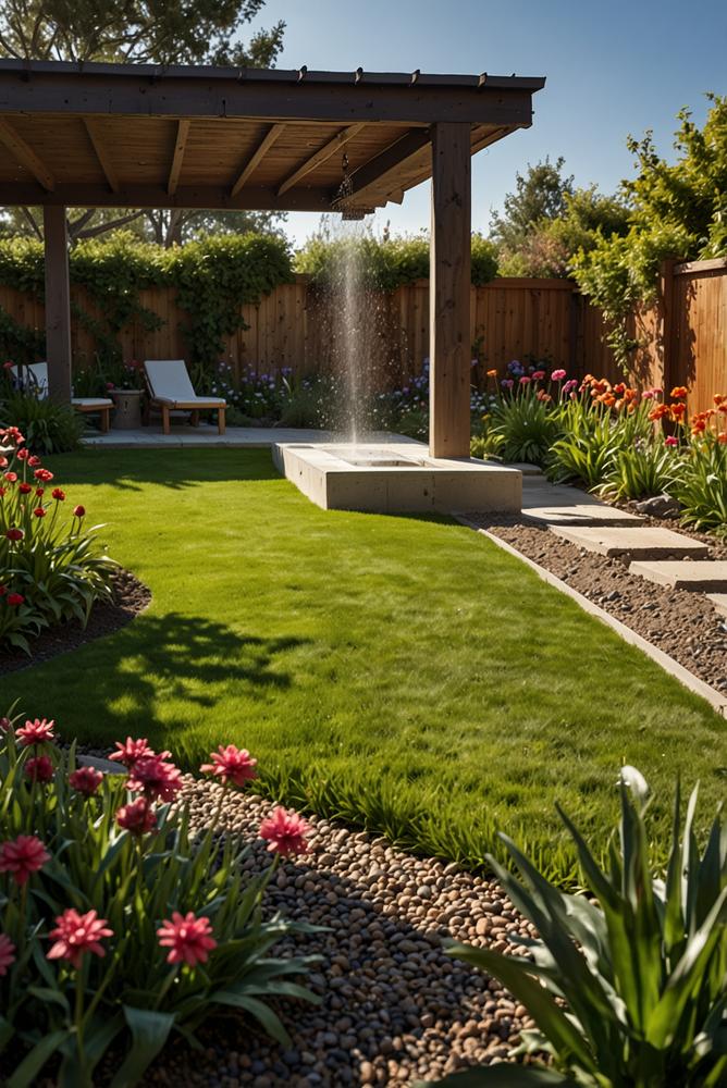 heller Garten mit Bewaesserungssystem und Fruehling