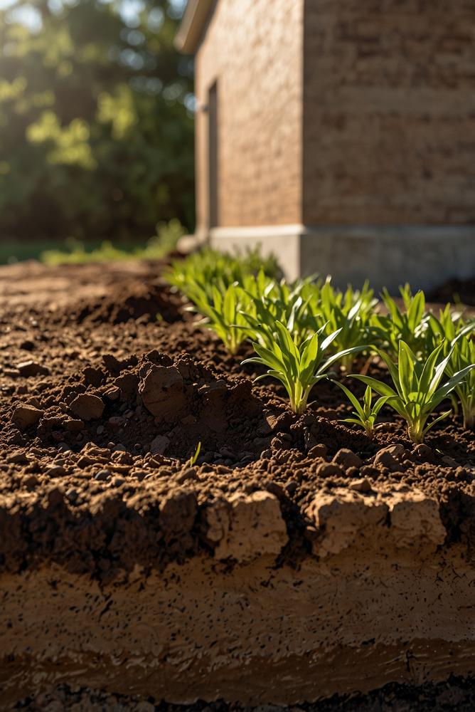 Heller sonniger Garten mit Fundament und feuchtem Boden