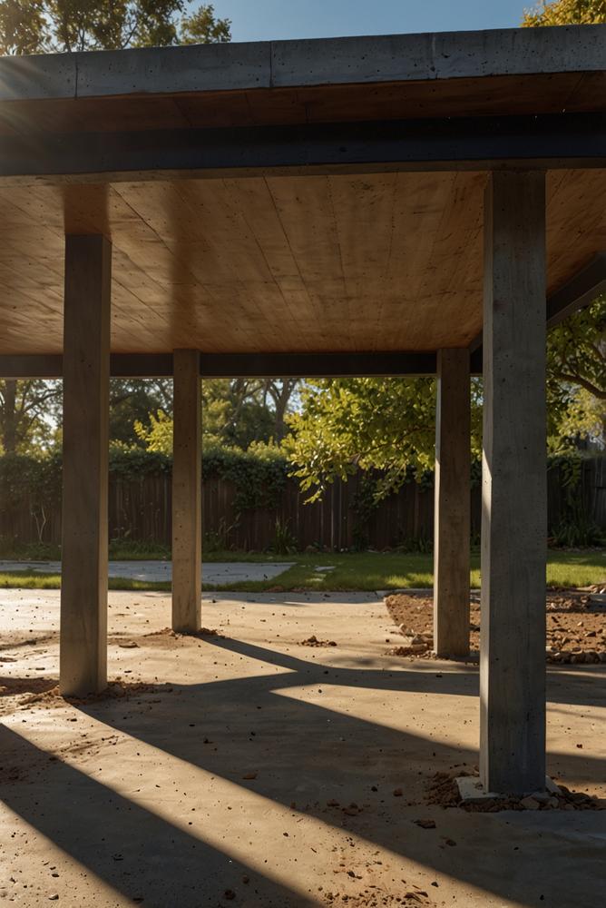 Helles Bild eines Carportfundaments im Fruehling mit Sonnenlicht