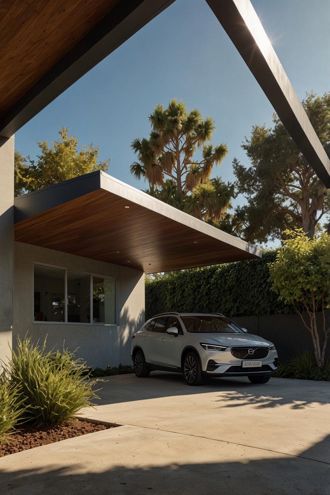 Hell erleuchteter Carport mit Auto und Maßangaben