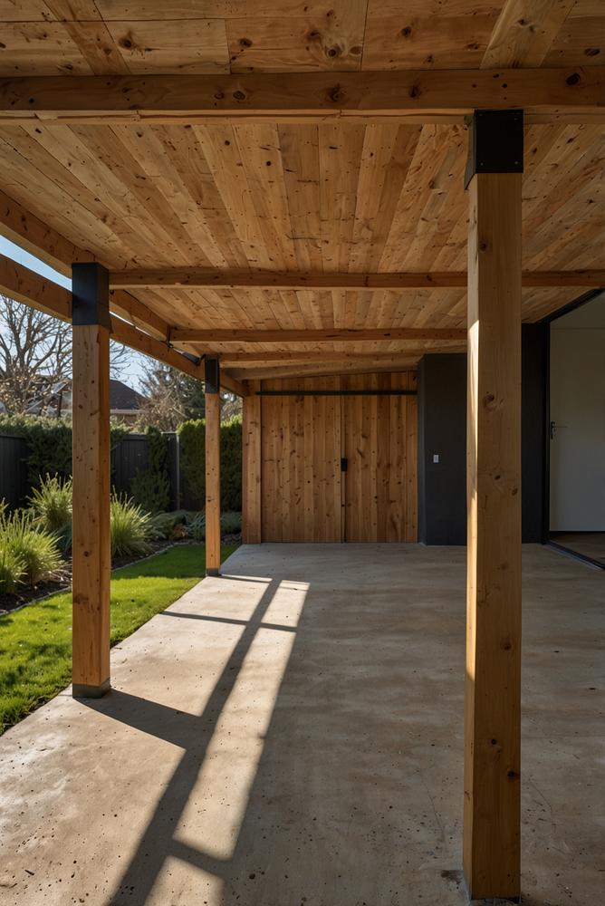 Heller moderner Carport aus Holz mit Sonnenlicht