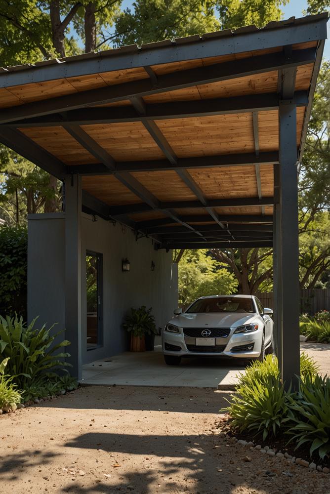 Heller Carport mit gepflegtem Bewuchs und Bäumen im Frühling